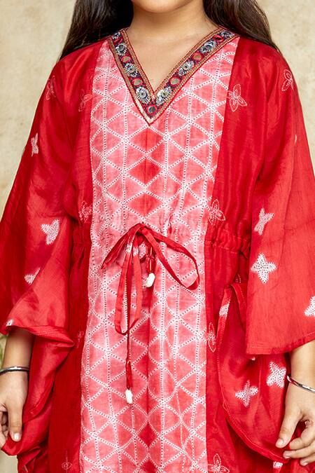 Buy_Label Ne'chi_Red Muslin Silk Shibori Kaftan And Pant Set  _Online_at_Aza_Fashions