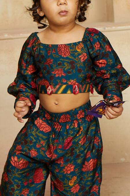 Label NE'Chi_Blue Silk Printed Pant Set_Online_at_Aza_Fashions