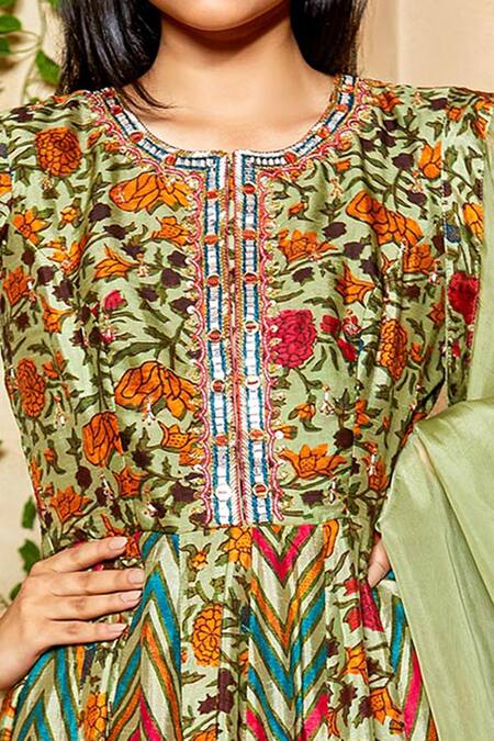 Buy_Label NE'Chi_Green Organza, Nokia Silk Round Printed Anarkali Set_Online_at_Aza_Fashions