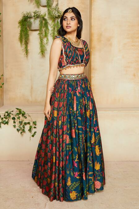 Label NE'Chi_Blue Nokia Silk Printed Lehenga With Draped Blouse_Online_at_Aza_Fashions
