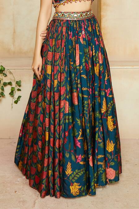 Buy_Label NE'Chi_Blue Nokia Silk Printed Lehenga With Draped Blouse_Online_at_Aza_Fashions