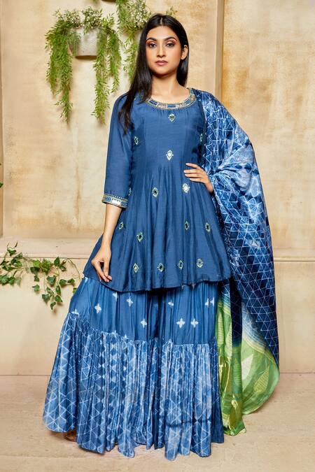 Buy Blue Muslin Silk Embroidery Round Anarkali Set For Women by Label ...