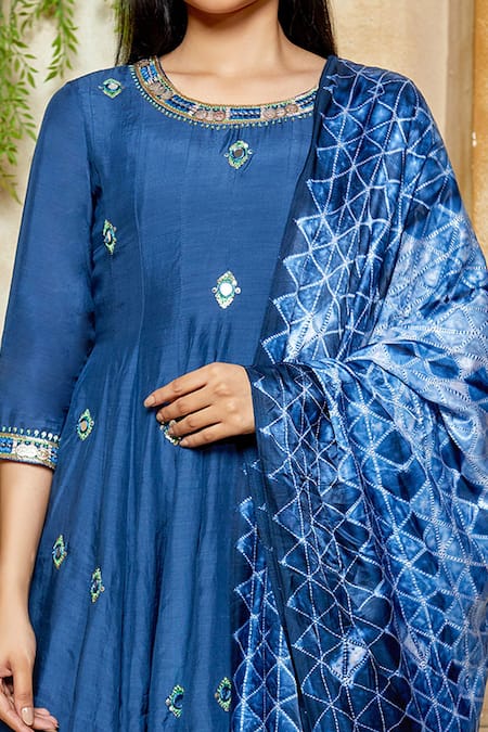 Shop_Label Ne'chi_Blue Muslin Silk Embroidery Round Anarkali Set  _Online_at_Aza_Fashions