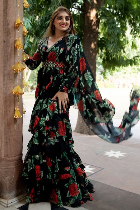 Shop_Sanam_Black Georgette, Satin Crystals, Sequins Rosamund Pre Draped Saree With Blouse _Online_at_Aza_Fashions