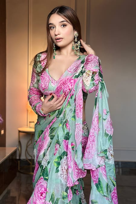 Sanam_Green Chiffon Nicolette Blooming Floral Pattern Pre Draped Saree With Blouse _at_Aza_Fashions