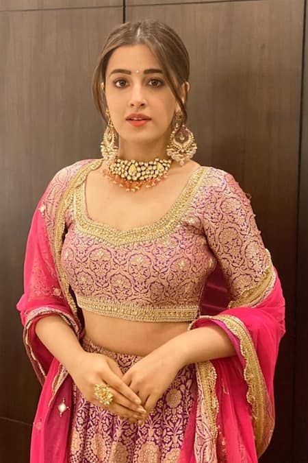 Bhumika Grover_Pink Handwoven Banarasi Silk Round Lehenga Set_Online_at_Aza_Fashions