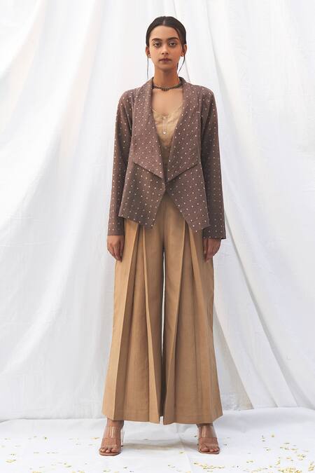 Label Nuska Grey Handloom Cotton Bandhej Print Waterfall Jacket 3