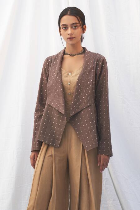 Label Nuska Grey Handloom Cotton Bandhej Print Waterfall Jacket 1