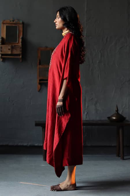 Shorshe Clothing_Red Kaftan Mulberry Silk And Farshi Cotton Silk Embroidered & Pant Set _Online_at_Aza_Fashions