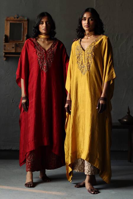 Buy_Shorshe Clothing_Red Kaftan Mulberry Silk And Farshi Cotton Silk Embroidered & Pant Set _Online_at_Aza_Fashions