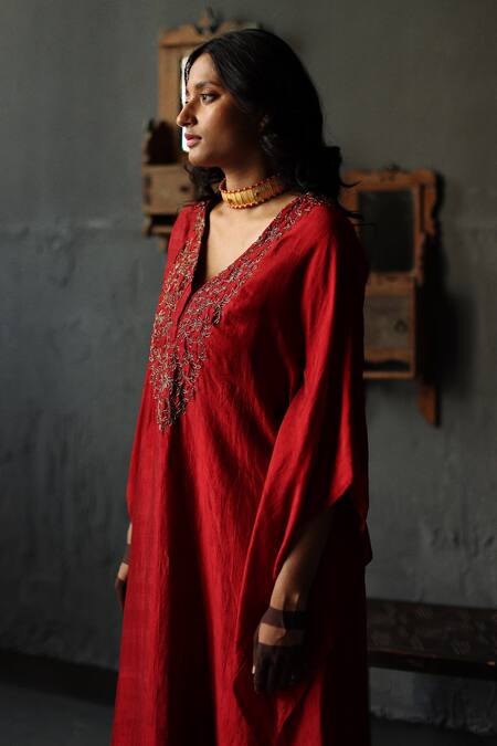 Shop_Shorshe Clothing_Red Kaftan Mulberry Silk And Farshi Cotton Silk Embroidered & Pant Set _Online_at_Aza_Fashions