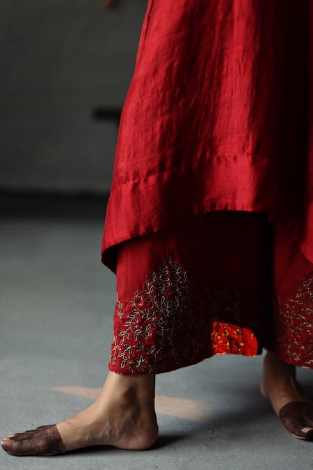 Shorshe Clothing_Red Kaftan Mulberry Silk And Farshi Cotton Silk Embroidered & Pant Set _at_Aza_Fashions