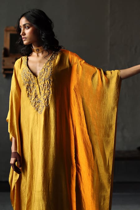 Shorshe Clothing_Yellow Kaftan Mulberry Silk And Farshi Cotton Silk Embroidered & Pant Set _Online_at_Aza_Fashions