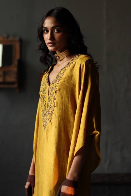 Buy_Shorshe Clothing_Yellow Kaftan Mulberry Silk And Farshi Cotton Silk Embroidered & Pant Set _Online_at_Aza_Fashions