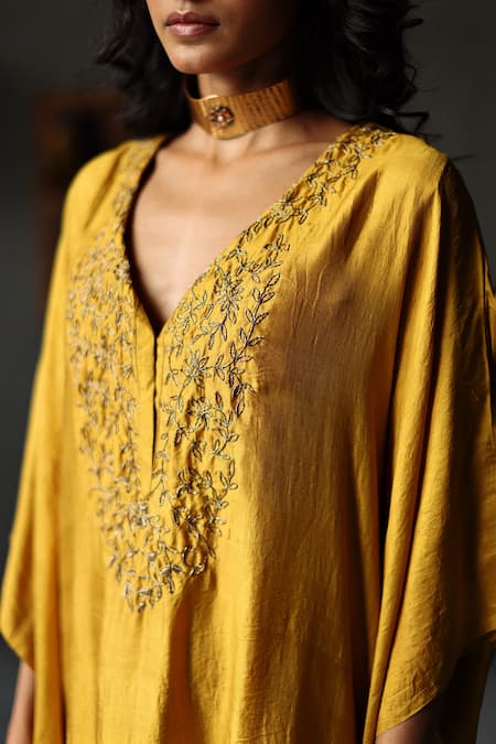 Shop_Shorshe Clothing_Yellow Kaftan Mulberry Silk And Farshi Cotton Silk Embroidered & Pant Set _Online_at_Aza_Fashions
