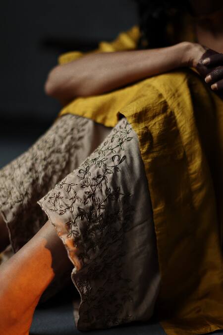 Shorshe Clothing_Yellow Kaftan Mulberry Silk And Farshi Cotton Silk Embroidered & Pant Set _at_Aza_Fashions