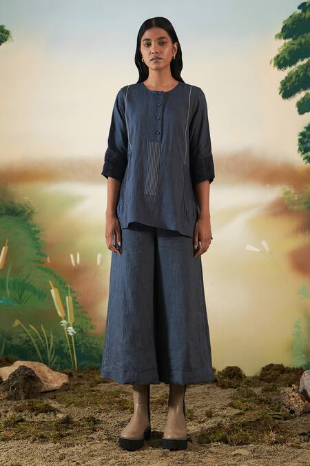 Febo6 Blue Linen Plain Culottes Pant Online at Aza Fashions Febo6_Blue Linen Plain Culottes Pant _Online_at_Aza_Fashions