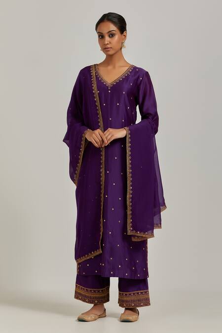 Buy_Ikshita Choudhary_Purple Chanderi Silk Floral, Sequin V Neck Kurta And Pant Set_Online_at_Aza_Fashions