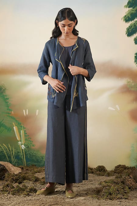 Febo6 Blue Linen Floral Open Embroidered Jacket 