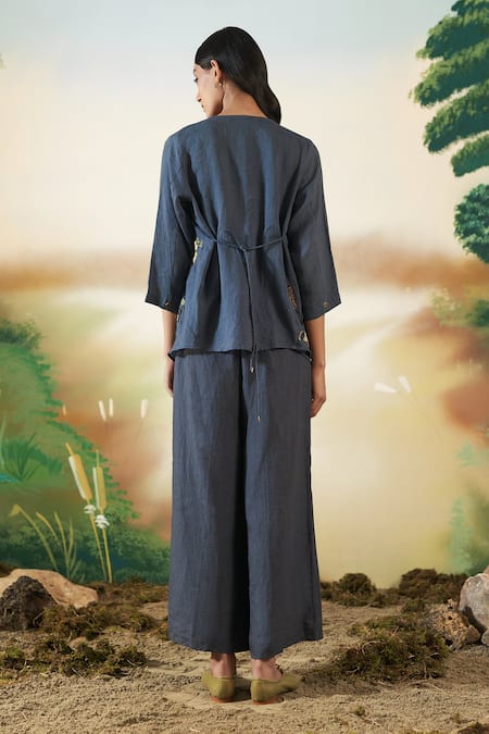 Shop Febo6 Blue Linen Floral Open Embroidered Jacket at Aza Fashions Shop_Febo6_Blue Linen Floral Open Embroidered Jacket _at_Aza_Fashions