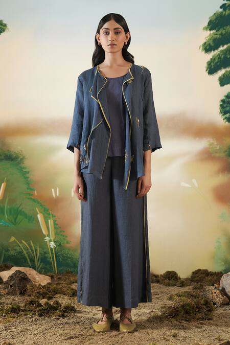 Febo6 Blue Linen Floral Open Embroidered Jacket Online at Aza Fashions Febo6_Blue Linen Floral Open Embroidered Jacket _Online_at_Aza_Fashions