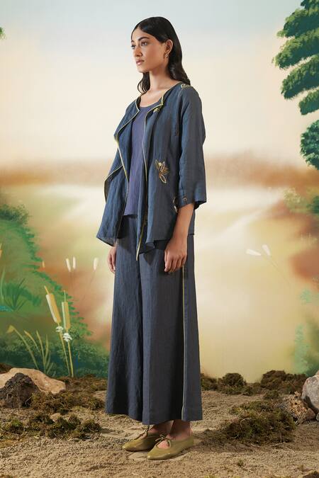 Buy Febo6 Blue Linen Floral Open Embroidered Jacket Online at Aza Fashions Buy_Febo6_Blue Linen Floral Open Embroidered Jacket _Online_at_Aza_Fashions