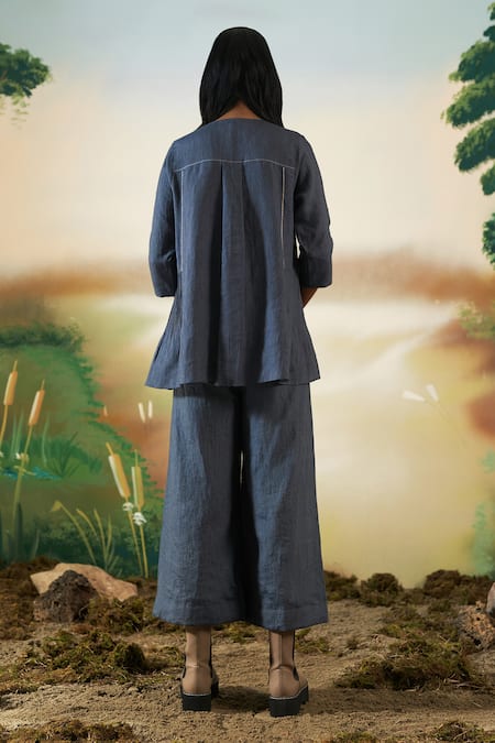 Shop Febo6 Blue Linen Stitchline Round Kurta And Culottes Pant Set at Aza Fashions Shop_Febo6_Blue Linen Stitchline Round Kurta And Culottes Pant Set _at_Aza_Fashions