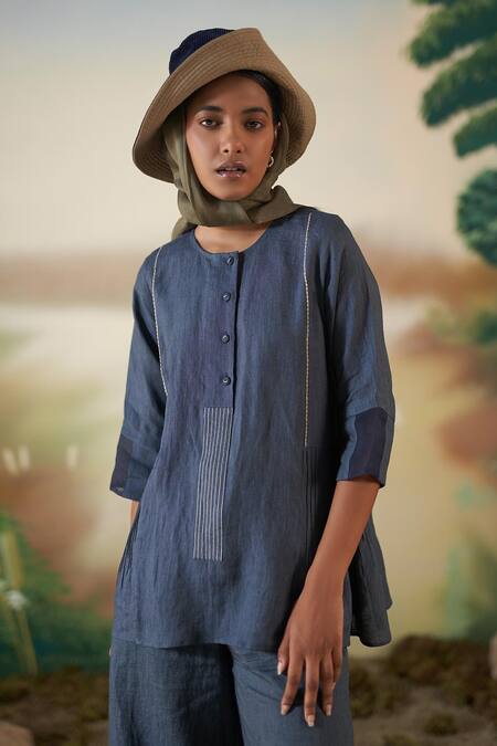 Buy Febo6 Blue Linen Stitchline Round Kurta And Culottes Pant Set Online at Aza Fashions Buy_Febo6_Blue Linen Stitchline Round Kurta And Culottes Pant Set _Online_at_Aza_Fashions