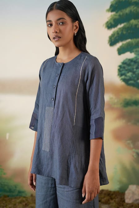 Febo6 Blue Linen Stitchline Round Embroidered Kurta 