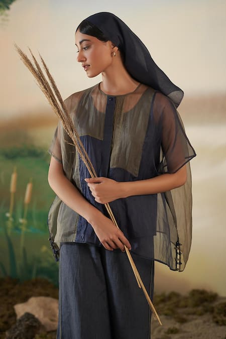 Febo6 Blue Silk Organza Plain Round Colorblock Kaftan Tunic 