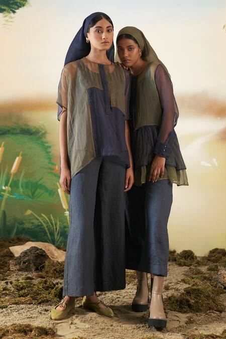 Buy Febo6 Blue Silk Organza Plain Round Colorblock Kaftan Tunic Online at Aza Fashions Buy_Febo6_Blue Silk Organza Plain Round Colorblock Kaftan Tunic _Online_at_Aza_Fashions