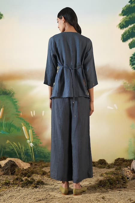 Shop Febo6 Blue Linen Threads And Applique Open Embroidered Jacket & Pant Set at Aza Fashions Shop_Febo6_Blue Linen Threads And Applique Open Embroidered Jacket & Pant Set _at_Aza_Fashions