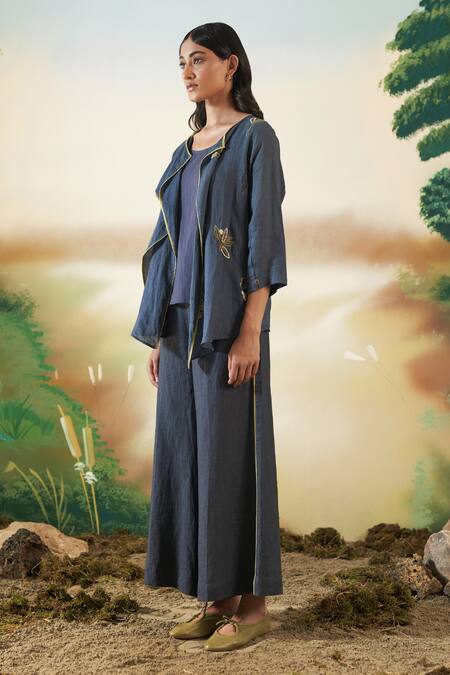 Buy Febo6 Blue Linen Threads And Applique Open Embroidered Jacket & Pant Set Online at Aza Fashions Buy_Febo6_Blue Linen Threads And Applique Open Embroidered Jacket & Pant Set _Online_at_Aza_Fashions
