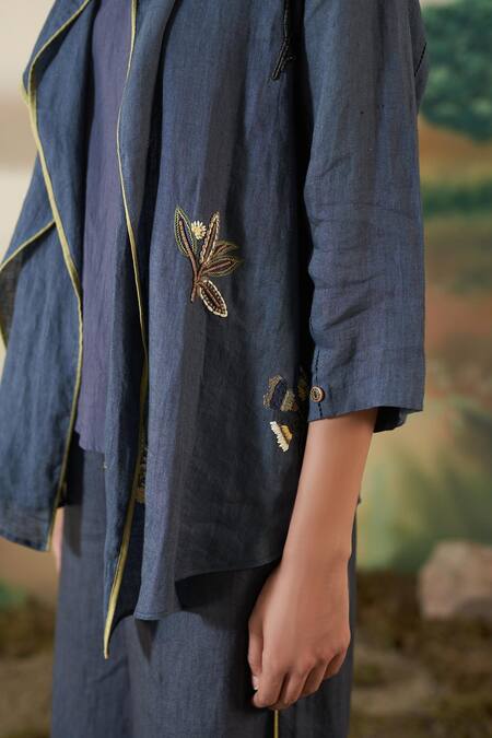 Shop Febo6 Blue Linen Threads And Applique Open Embroidered Jacket & Pant Set Online at Aza Fashions Shop_Febo6_Blue Linen Threads And Applique Open Embroidered Jacket & Pant Set _Online_at_Aza_Fashions