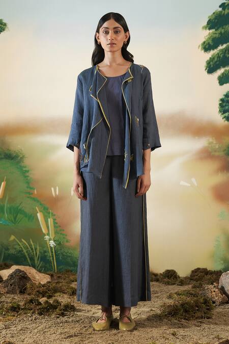 Febo6_Blue Linen Wide Legged Trousers _Online_at_Aza_Fashions