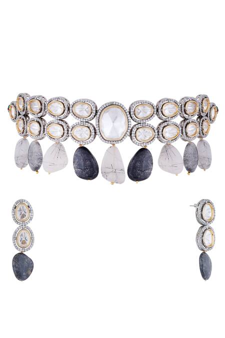 Buy Anayah Jewellery Grey Stone, Polki, Bead, Gold Plated Drop Choker Set at Aza Fashions Buy_Anayah Jewellery_Grey Stone, Polki, Bead, Gold Plated Drop Choker Set_at_Aza_Fashions