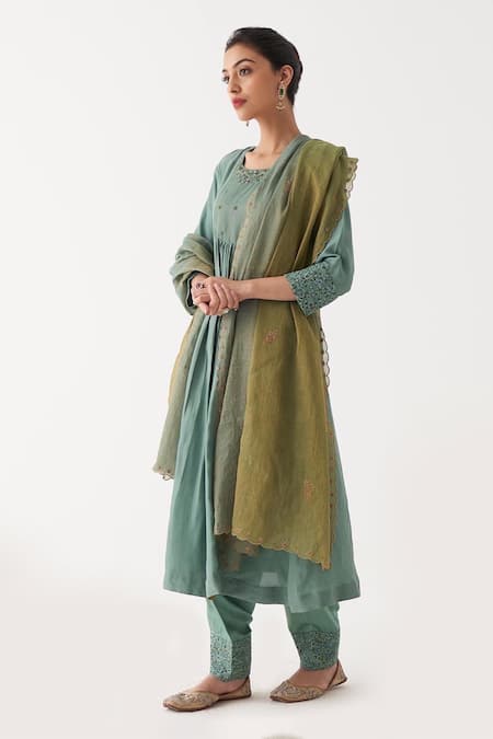 Rhua_Green Dupatta Tissue Chanderi, Kurta And Pant Habutai Silk Nysa Embroidered Set_Online_at_Aza_Fashions