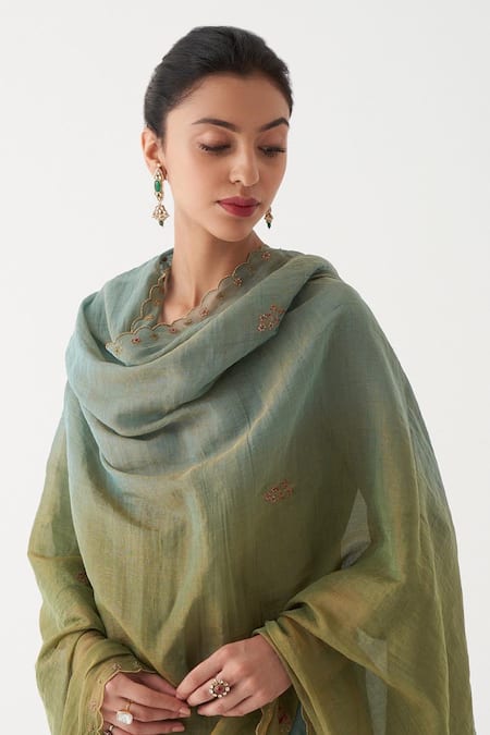 Shop_Rhua_Green Dupatta Tissue Chanderi, Kurta And Pant Habutai Silk Nysa Embroidered Set_Online_at_Aza_Fashions