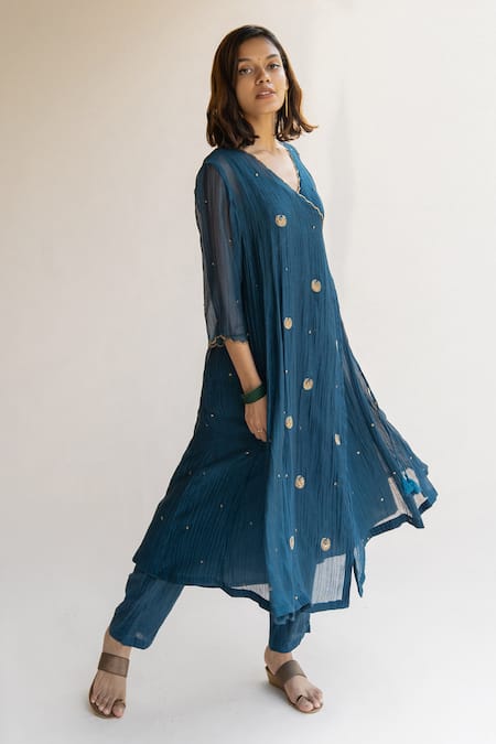 Nirjara Blue Silk, Chanderi Embroidered Angrakha Kurta And Palazzo Set Online at Aza Fashions Nirjara_Blue Silk, Chanderi Embroidered Angrakha Kurta And Palazzo Set _Online_at_Aza_Fashions