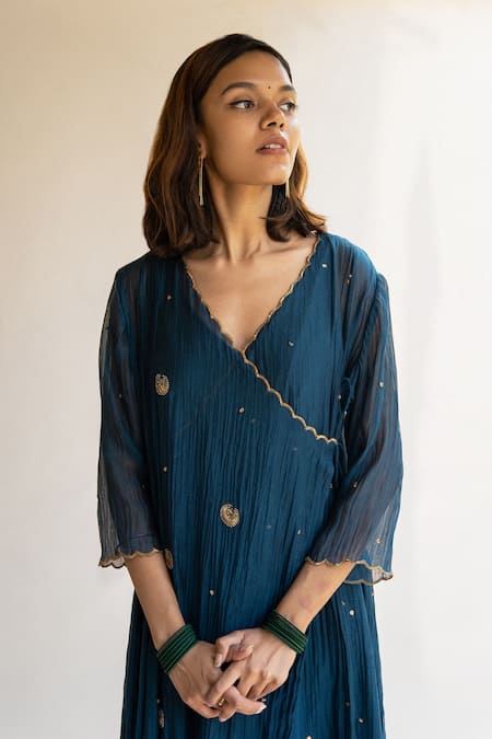 Shop Nirjara Blue Silk, Chanderi Embroidered Angrakha Kurta And Palazzo Set Online at Aza Fashions Shop_Nirjara_Blue Silk, Chanderi Embroidered Angrakha Kurta And Palazzo Set _Online_at_Aza_Fashions