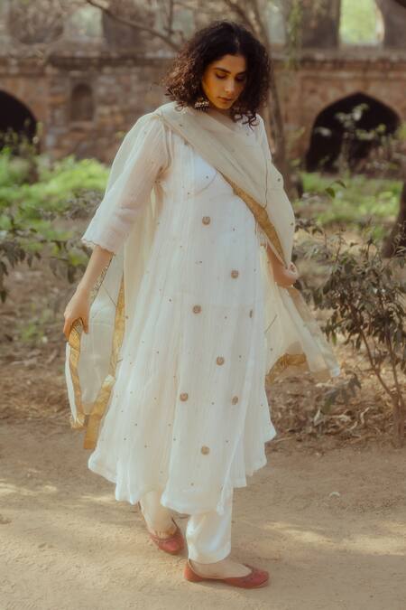 Buy_Nirjara_White Chanderi Cotton, Gaji Embroidered Angrakha Kurta And Palazzo Set_Online_at_Aza_Fashions