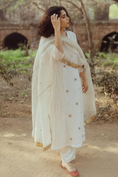 Nirjara_White Chanderi Cotton, Gaji Embroidered Angrakha Kurta And Palazzo Set_Online_at_Aza_Fashions