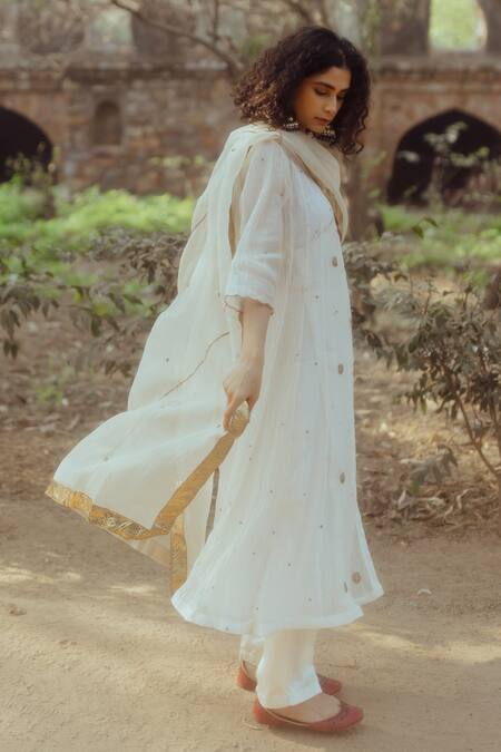 Shop_Nirjara_White Chanderi Cotton, Gaji Embroidered Angrakha Kurta And Palazzo Set_Online_at_Aza_Fashions