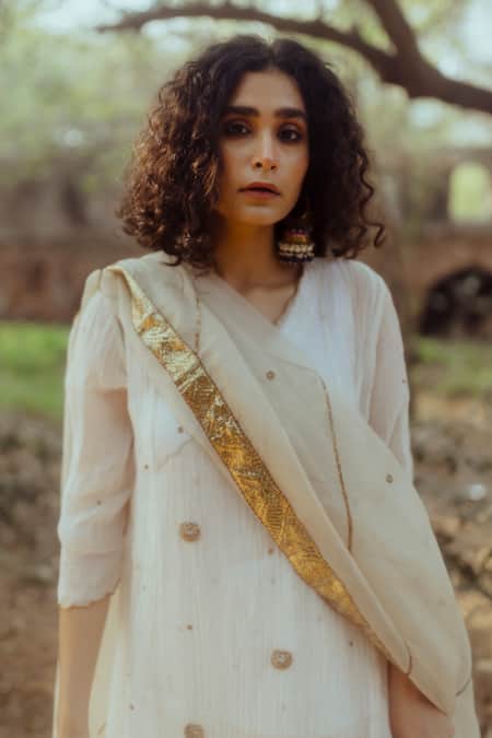 Nirjara_White Chanderi Cotton, Gaji Embroidered Angrakha Kurta And Palazzo Set_at_Aza_Fashions