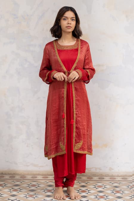 Nirjara Red Handwoven Silk Tissue Marodi Tie-up Nur Choga