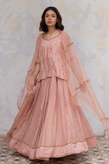 Buy Pink Blouse- Gajji Embroidered Marodi Scoop Jodha Kanchali Lehenga Set  For Women by Nirjara Online at Aza Fashions.