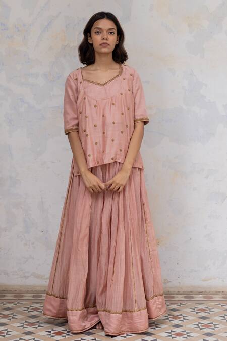 Shop Nirjara Pink Blouse- Gajji, Kanchali -spun Silk, Lehenga - Chanderi Marodi Jodha Set Online at Aza Fashions Shop_Nirjara_Pink Blouse- Gajji, Kanchali -spun Silk, Lehenga - Chanderi Marodi Jodha Set _Online_at_Aza_Fashions