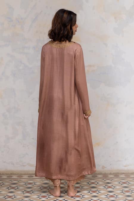 Shop Nirjara Pink Kurta - Mashru , Pant - Tussar Marodi Round Zeenat And Set at Aza Fashions Shop_Nirjara_Pink Kurta - Mashru , Pant - Tussar Marodi Round Zeenat And Set _at_Aza_Fashions