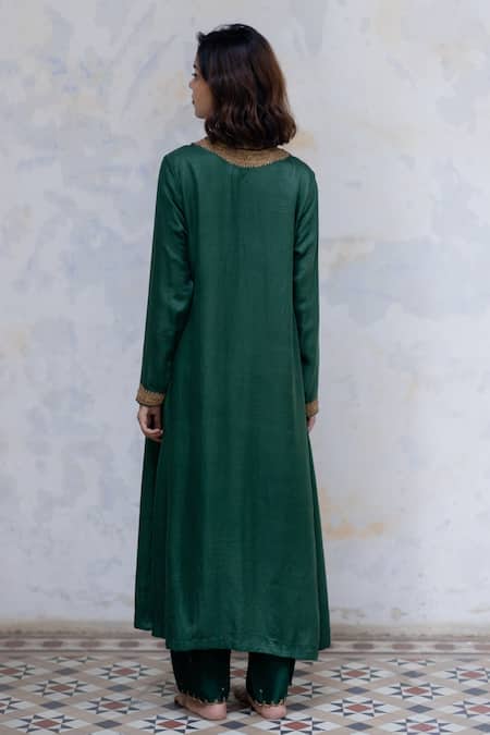 Shop Nirjara Green Kurta - Mashru , Pant - Tussar Marodi Round Zeenat And Set at Aza Fashions Shop_Nirjara_Green Kurta - Mashru , Pant - Tussar Marodi Round Zeenat And Set _at_Aza_Fashions