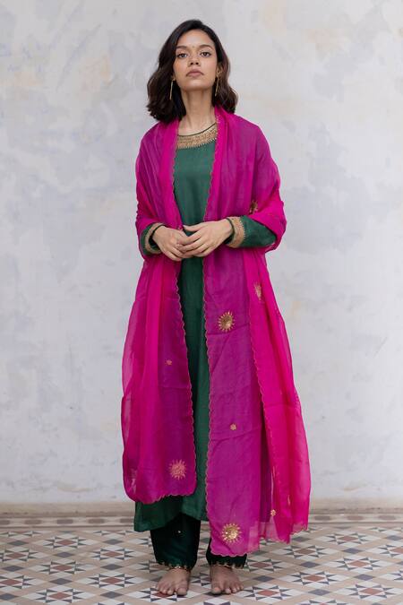 Shop Nirjara Green Kurta - Mashru , Pant - Tussar Marodi Round Zeenat And Set Online at Aza Fashions Shop_Nirjara_Green Kurta - Mashru , Pant - Tussar Marodi Round Zeenat And Set _Online_at_Aza_Fashions